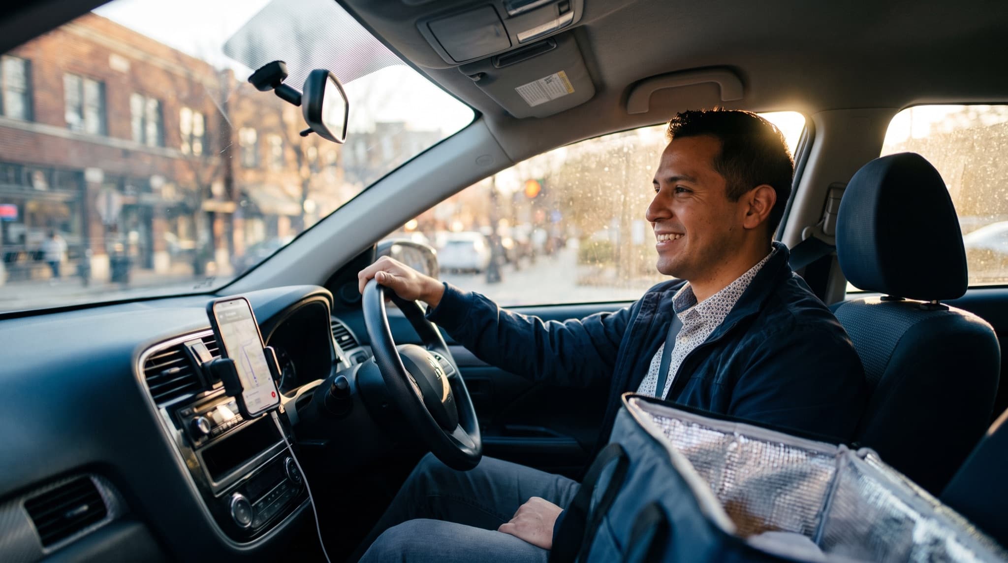 A driver behind the wheel of a rideshare-ready rental car in Atlanta