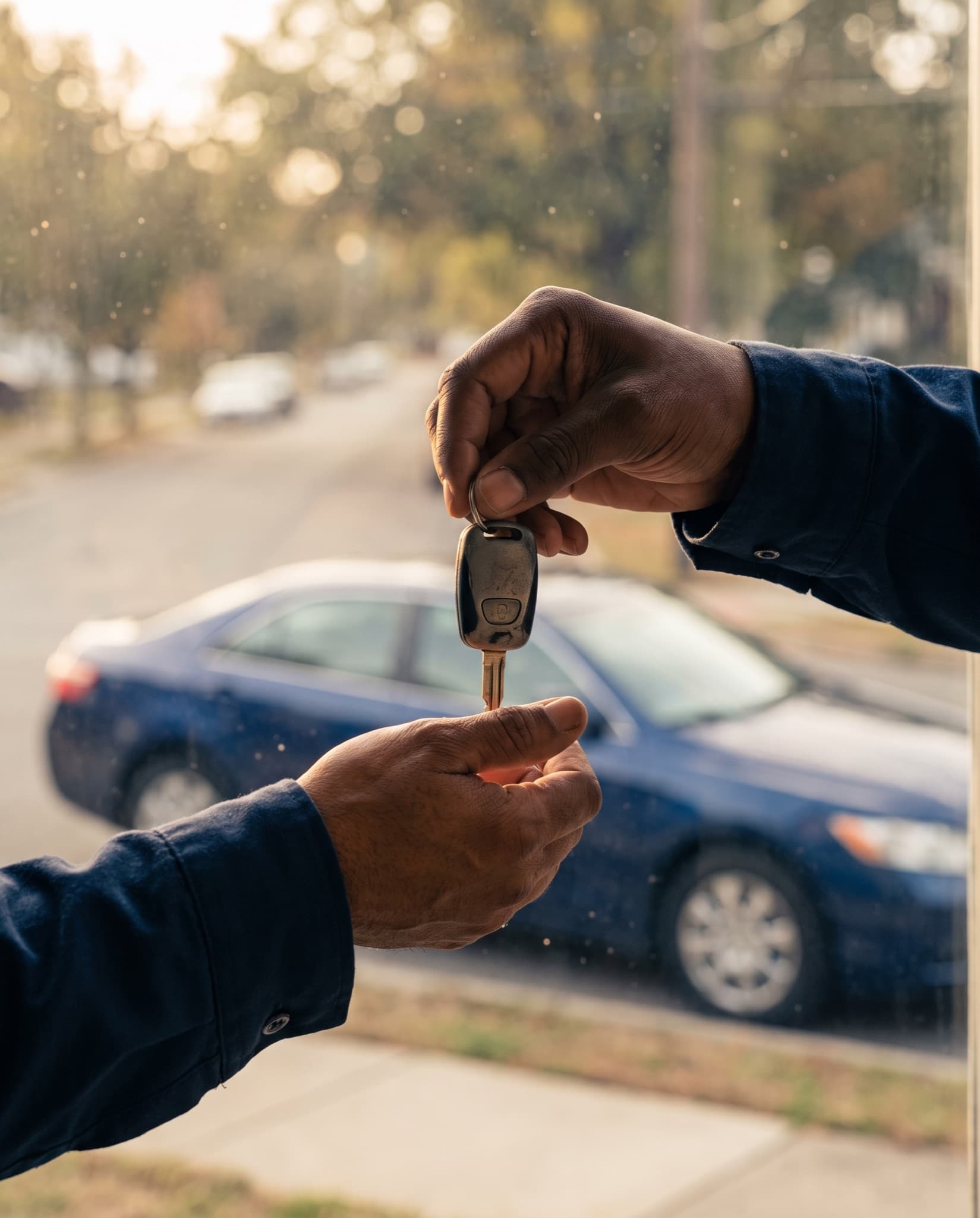 A car key handed from one person to another, with a navy sedan behind